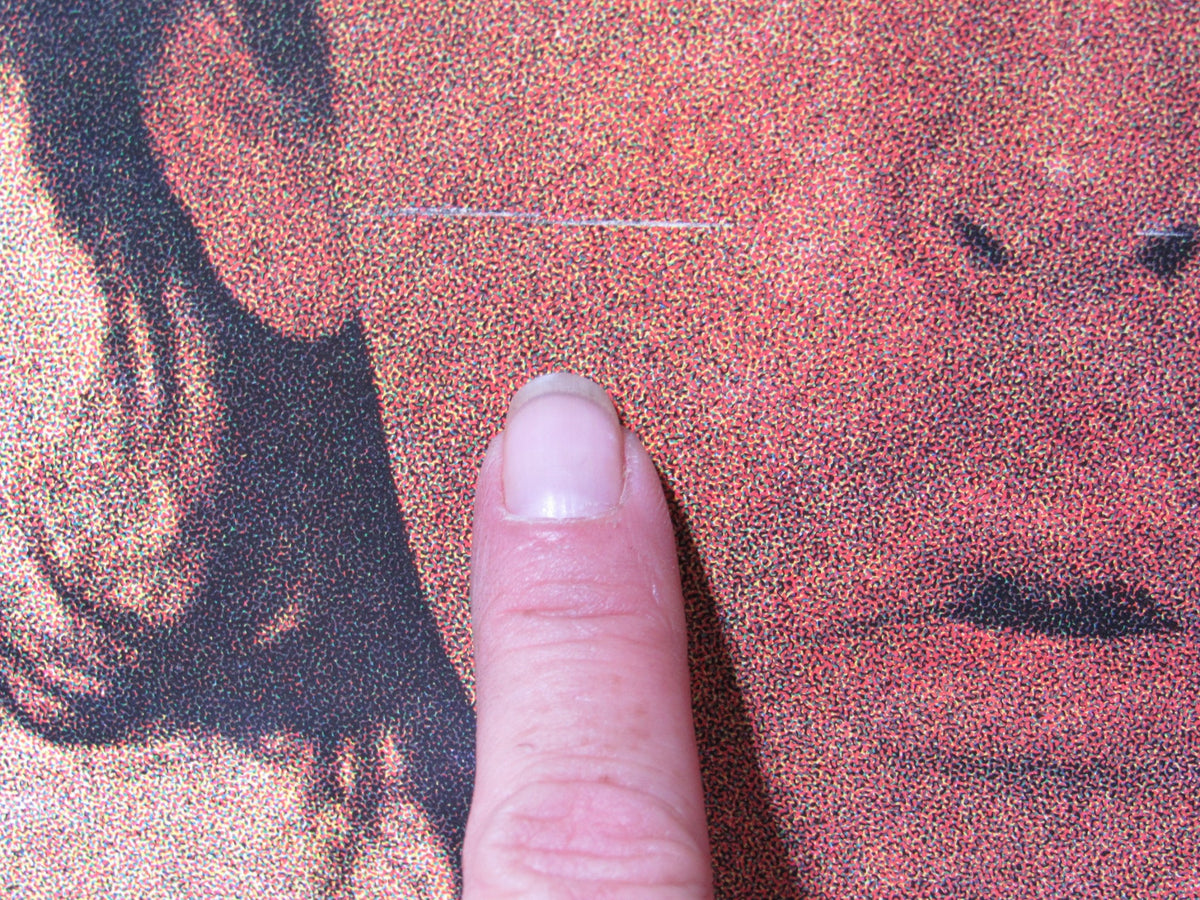 Image of a finger pointing at a slight mark on the cover of the 1980 Paul McCartney: McCartney II LP, indicating wear on the artwork.