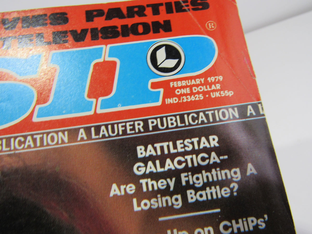 Detailed view of the top of Vintage Rona Barrett's Gossip February 1979 magazine, featuring the publication logo and notable article titles.
