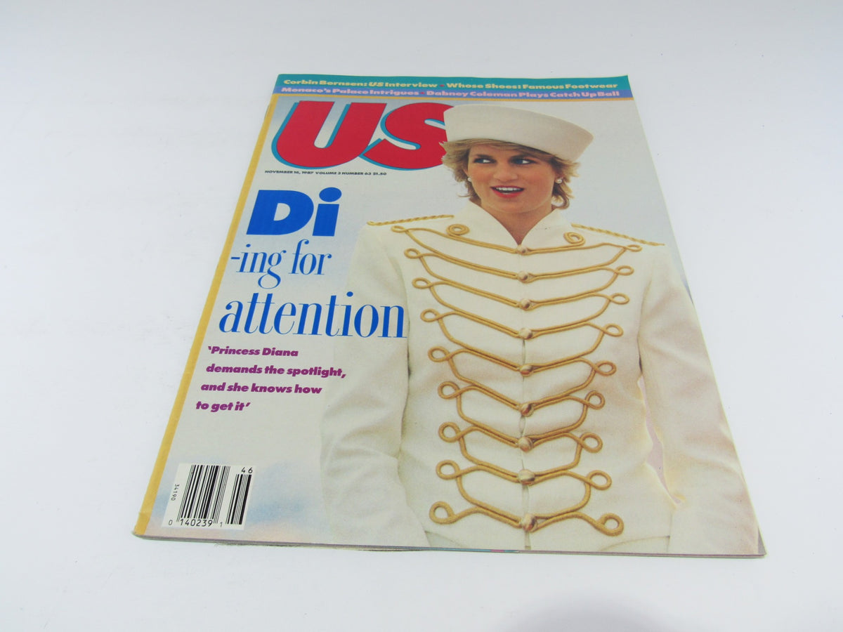 Cover of VTG US Magazine from November 16, 1987 featuring Princess Diana in a white military-style jacket, highlighted with gold accents, symbolizing her status as a global fashion icon.