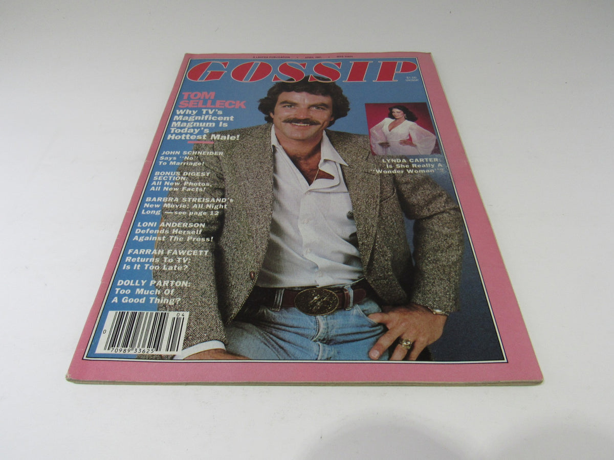 Vintage Gossip Magazine from April 1981 featuring Tom Selleck on the cover, highlighting stories including Linda Carter. Well-preserved condition.