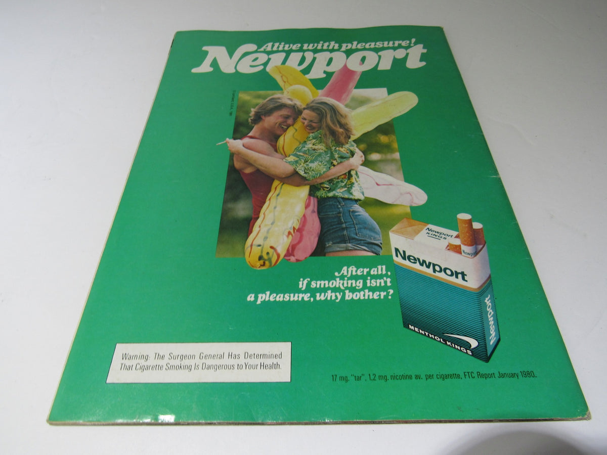 Vintage Newport advertisement magazine cover from 1980 showcasing a playful couple enjoying summer, emphasizing the brand's slogan about pleasure.