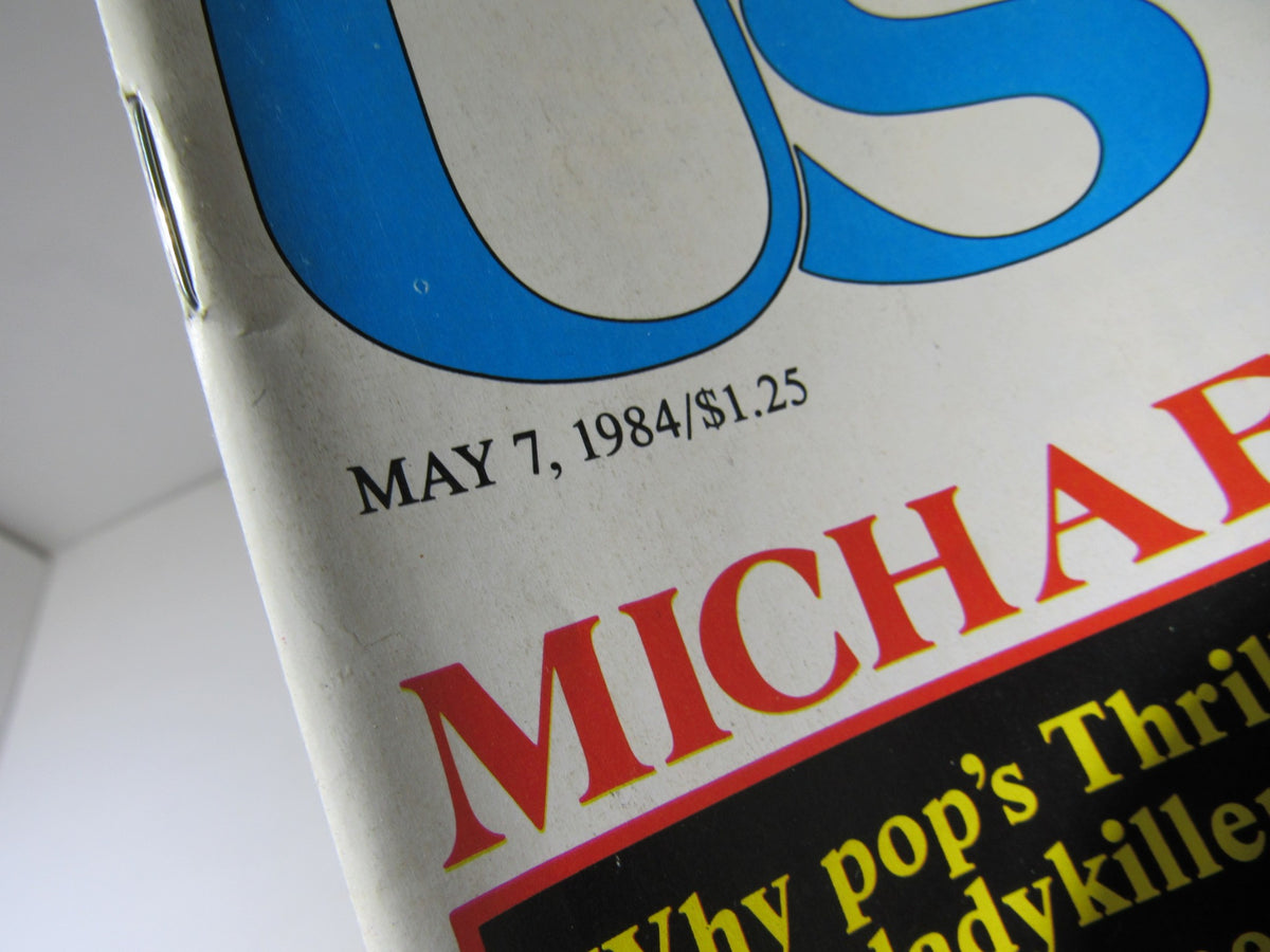 Close-up shot of the May 7, 1984 date and magazine title from the US Magazine featuring Michael Jackson. Highlights the vintage publication's details and design.