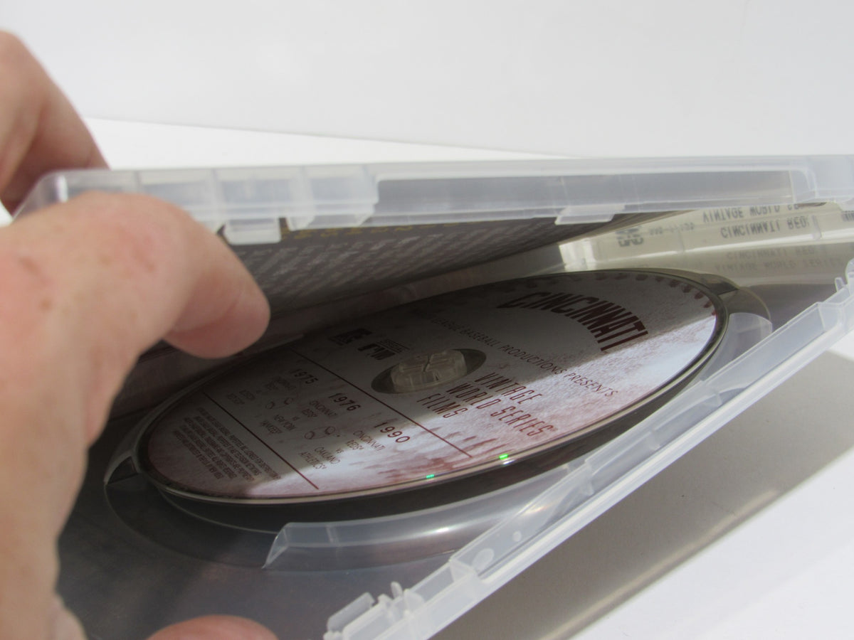 Inside view of the MLB Vintage World Series Films - Cincinnati Reds 1975, 1976 & 1990 DVD case showing the disc and its detailed label design.