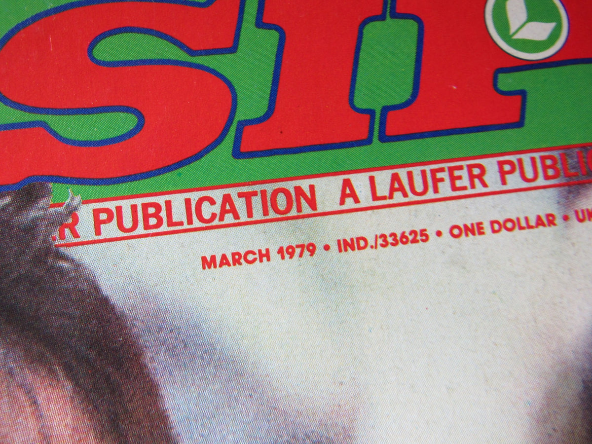 Close-up detail of the Rona Barrett's Gossip Magazine title from March 1979, highlighting publication information and vibrant color scheme.
