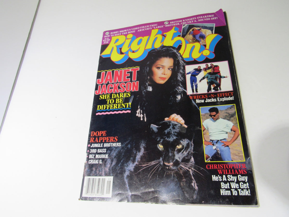Rare vintage Right On magazine from May 1990 featuring Janet Jackson on the cover, showcasing her iconic look with a panther, and highlighting articles about hip-hop artists including Jungle Brothers and Biz Markie.
