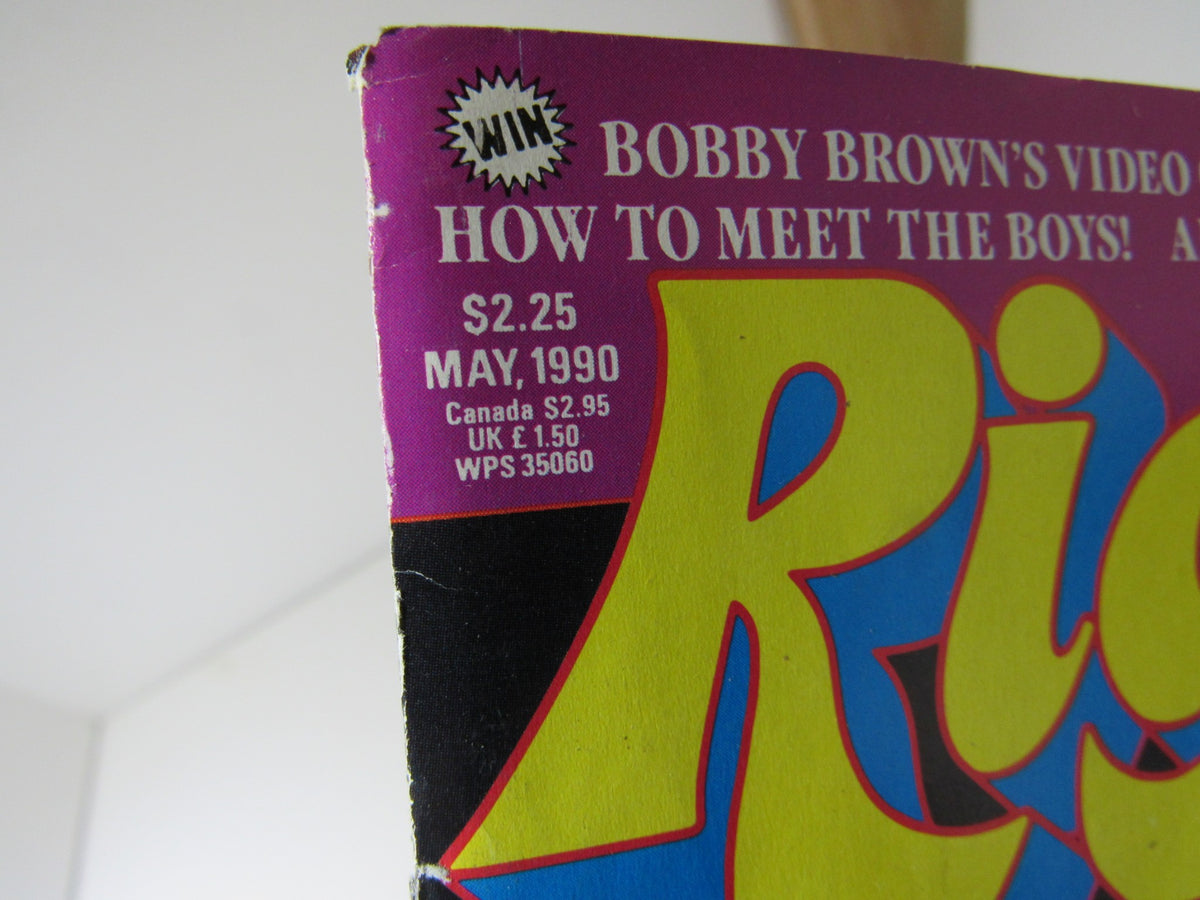 Close-up of the header of the rare vintage Right On magazine from May 1990, displaying the pricing and publication details, including the price of $2.25 and the issue month.