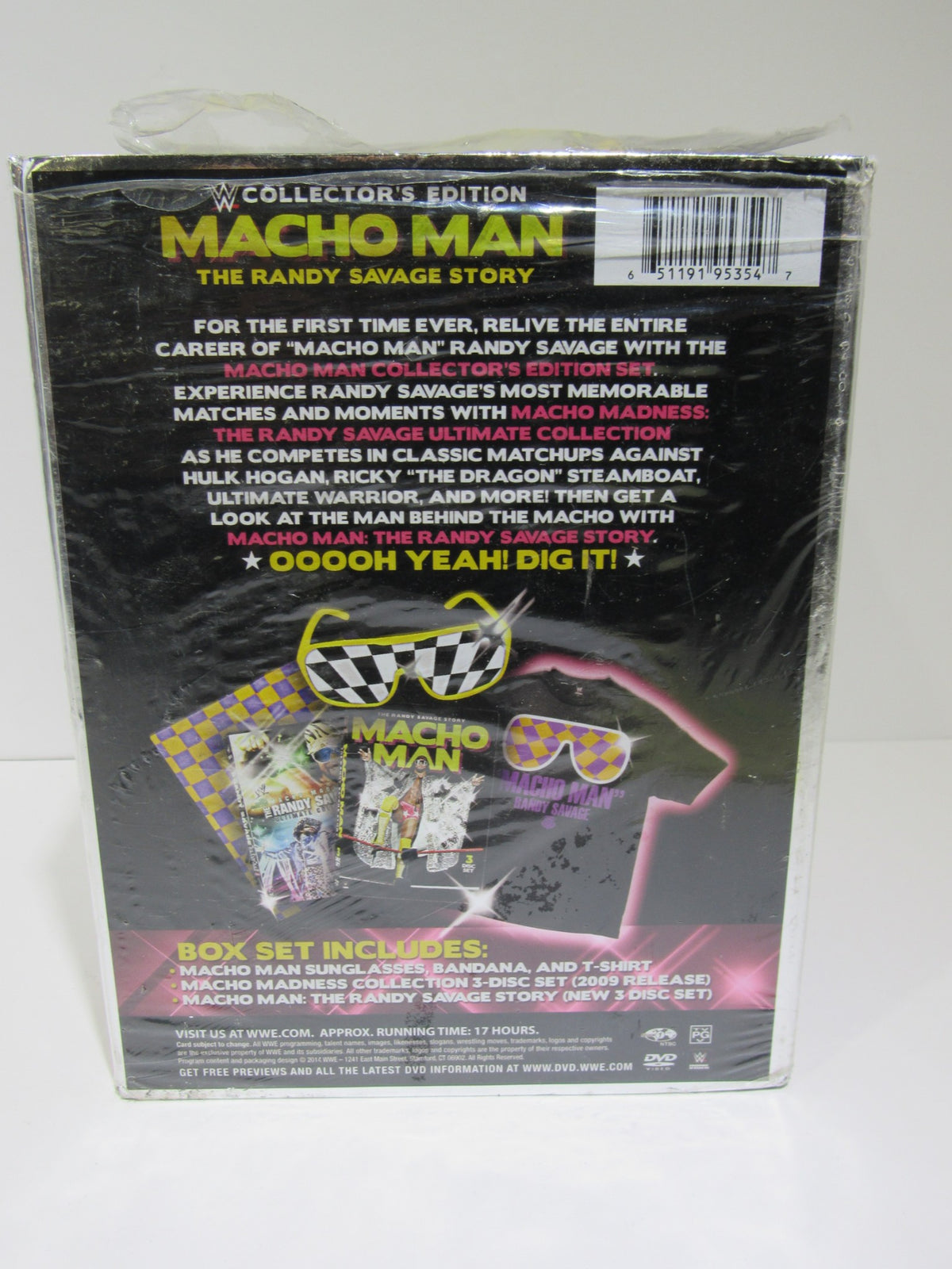 Back view of the Macho Man: The Randy Savage Story Collector's Edition DVD, detailing the contents of the box set and an overview of Randy Savage's career.