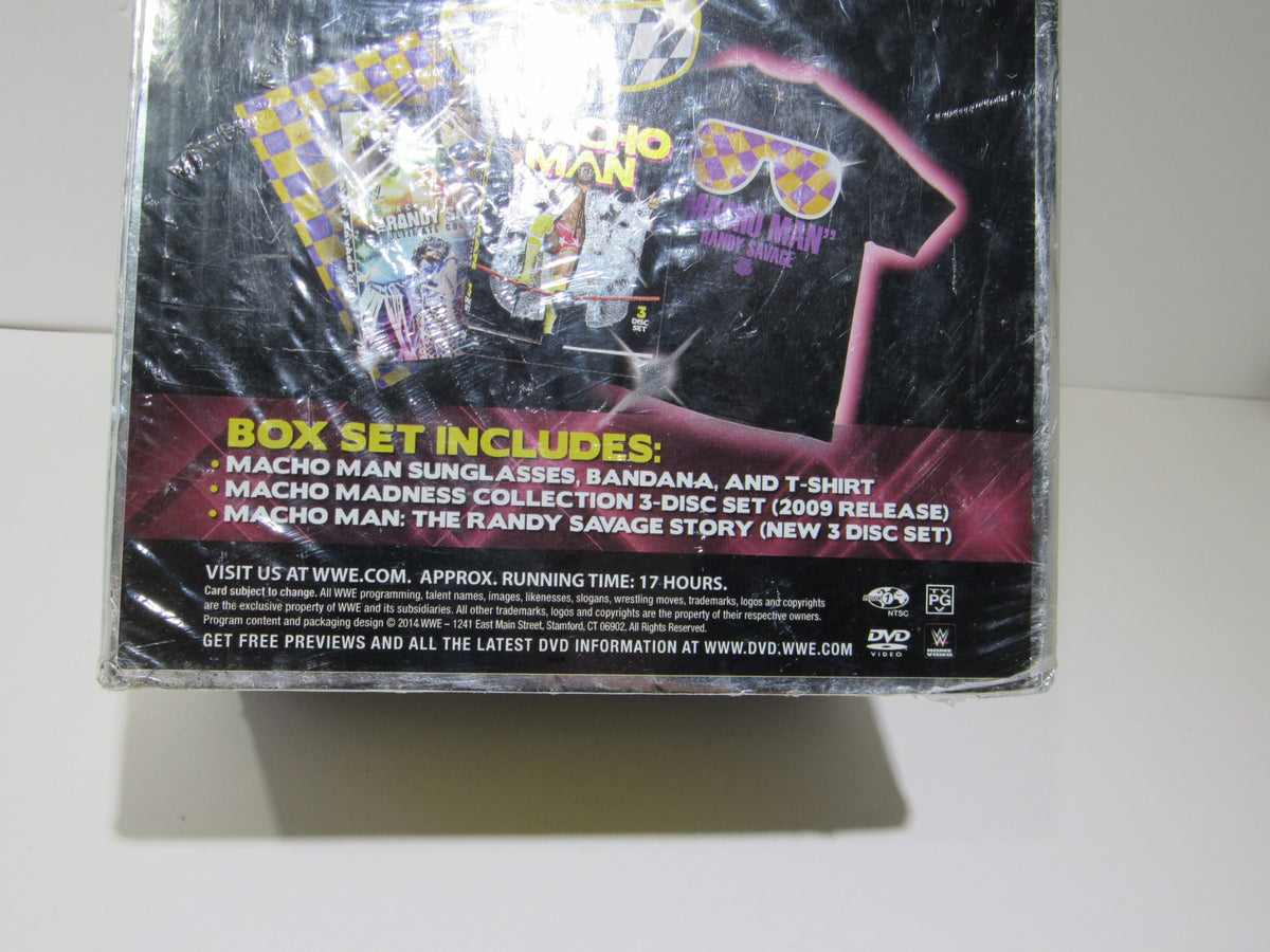Bottom view of the Macho Man: The Randy Savage Story Collector's Edition DVD, listing included items like sunglasses, bandana, and t-shirt, along with runtime details.