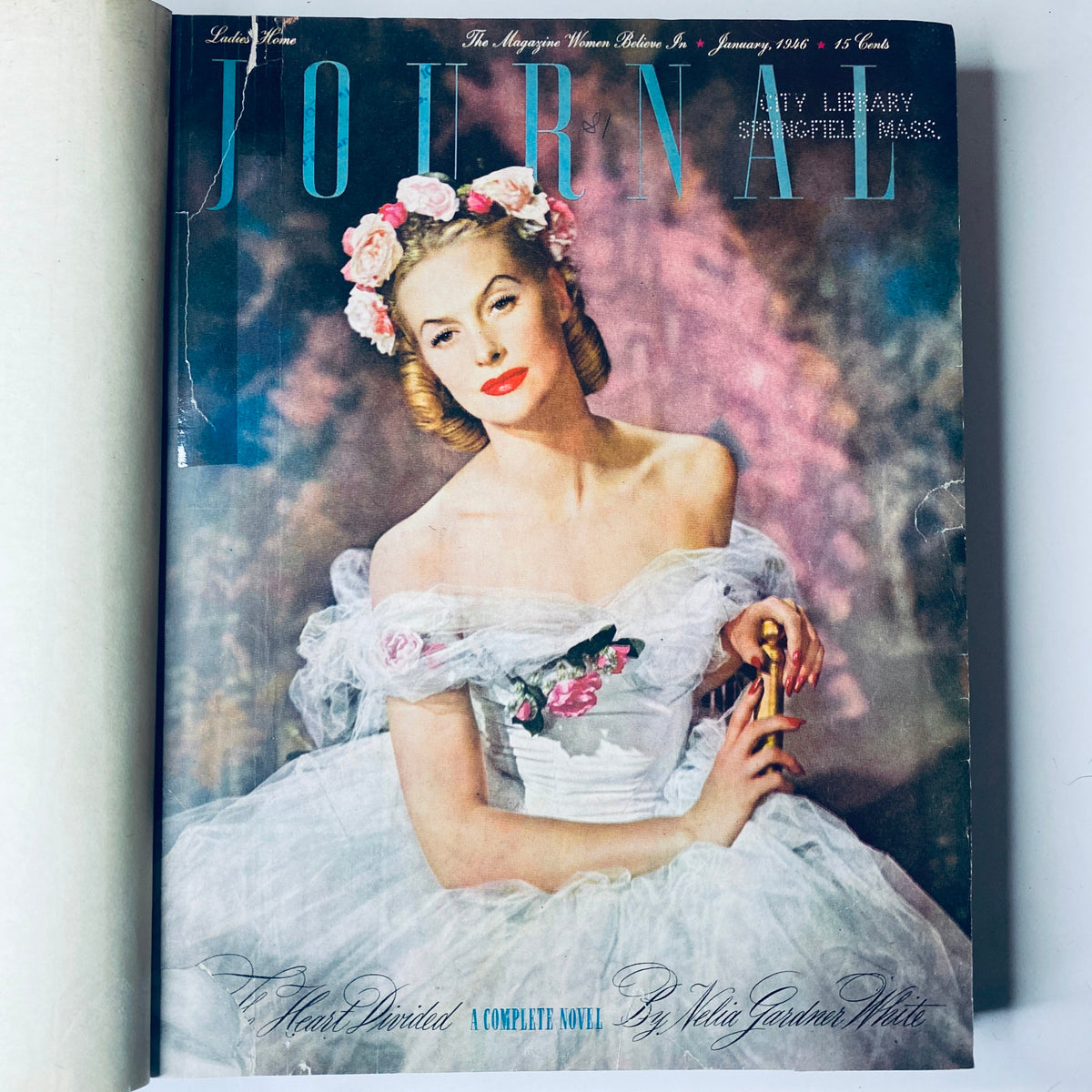 Cover of Ladies' Home Journal January 1946 featuring a glamorous woman in a white gown, illustrating the vintage aesthetic of the publication.