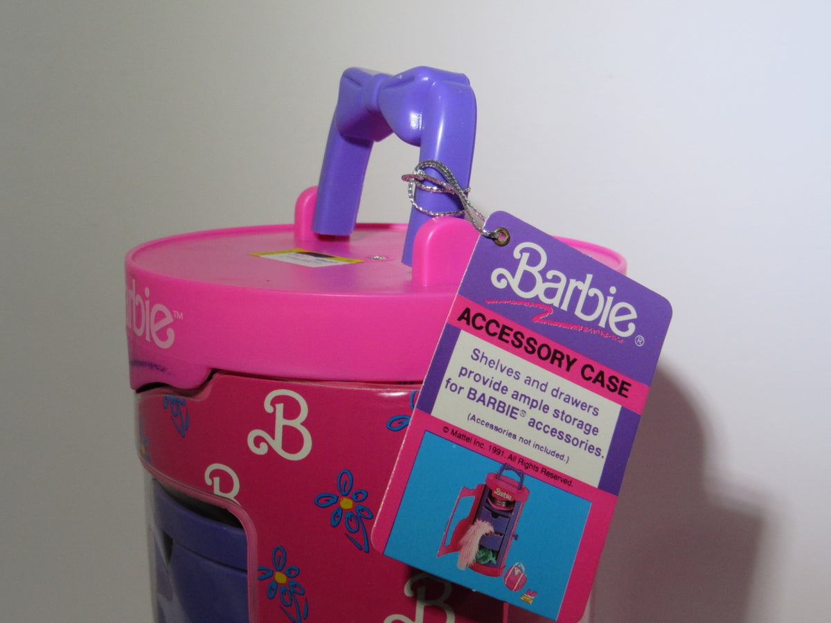 1993 Tara Toys Barbie Accessory Case - NEW, featuring a purple handle and pink lid with floral designs, designed for storing Barbie accessories.