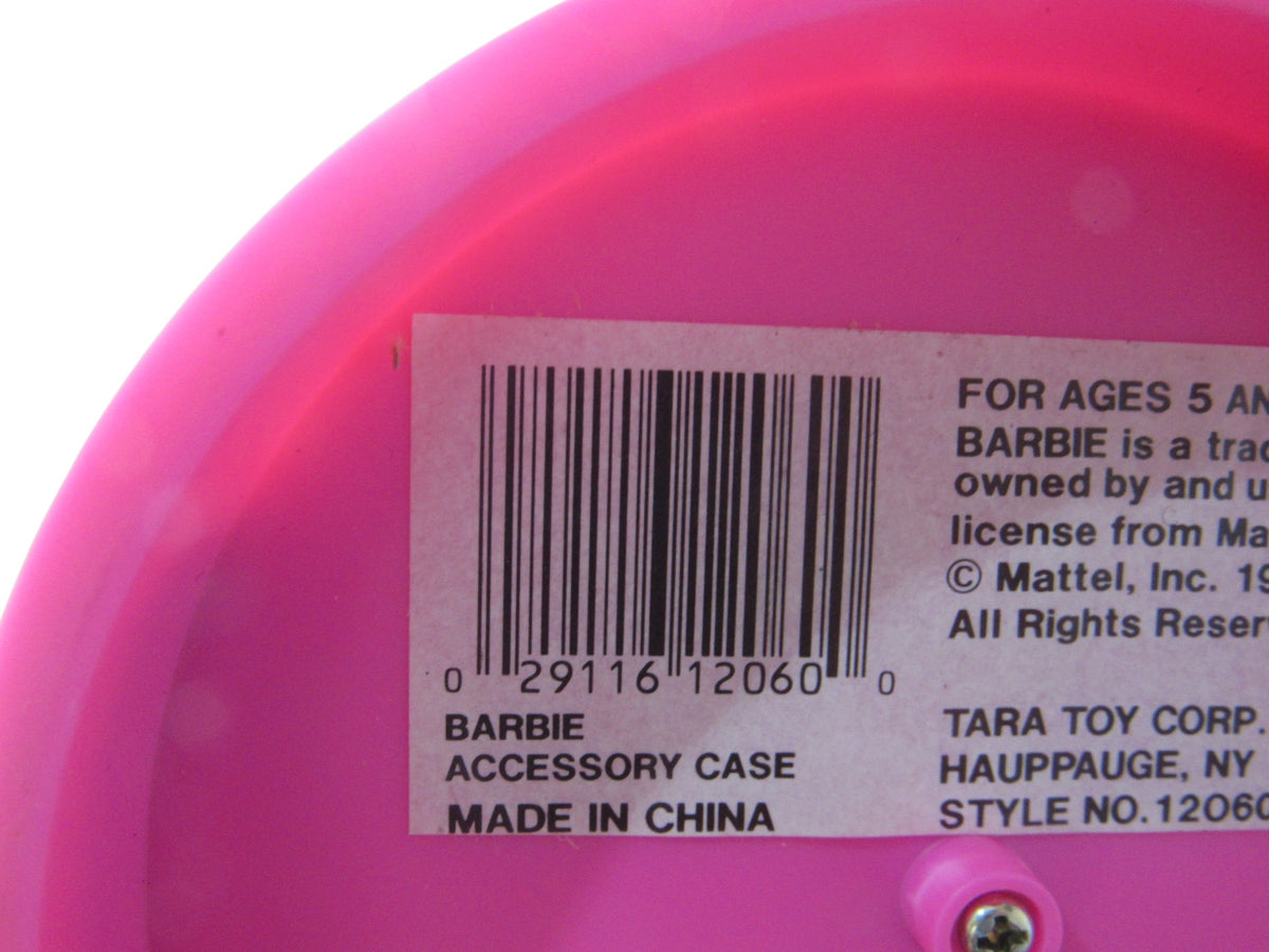 1993 Tara Toys Barbie Accessory Case - NEW, featuring the bottom view with a barcode and product details, highlighting its vintage appeal.