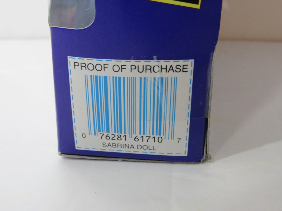 Barcode label for the 1997 VTG Kenner Sabrina The Teenage Witch & Salem Cat Glowing Eyes doll package, indicating proof of purchase.