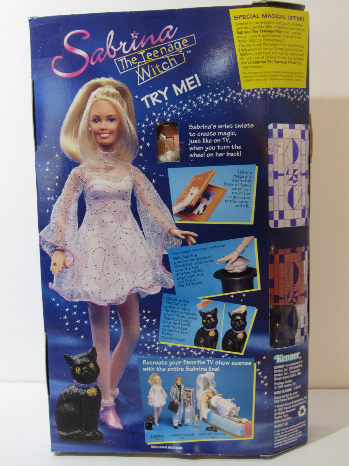 Back of the box for the 1997 VTG Kenner Sabrina The Teenage Witch doll, showcasing the features and special offers related to the toy.