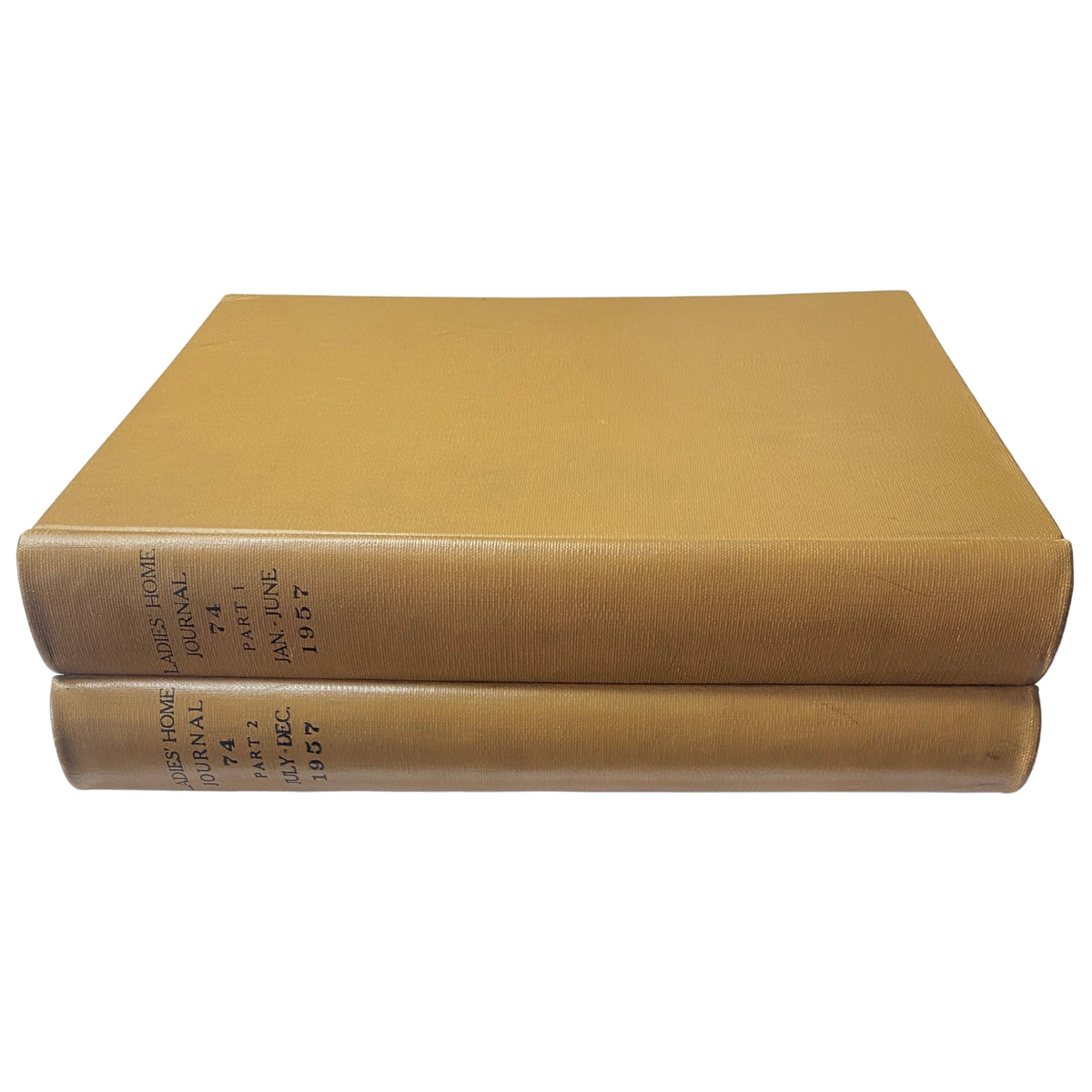 Ladies' Home Journal Library Bound Magazine 1957, featuring two volumes labeled January to June and July to December, showcasing vintage magazine covers from 1957.