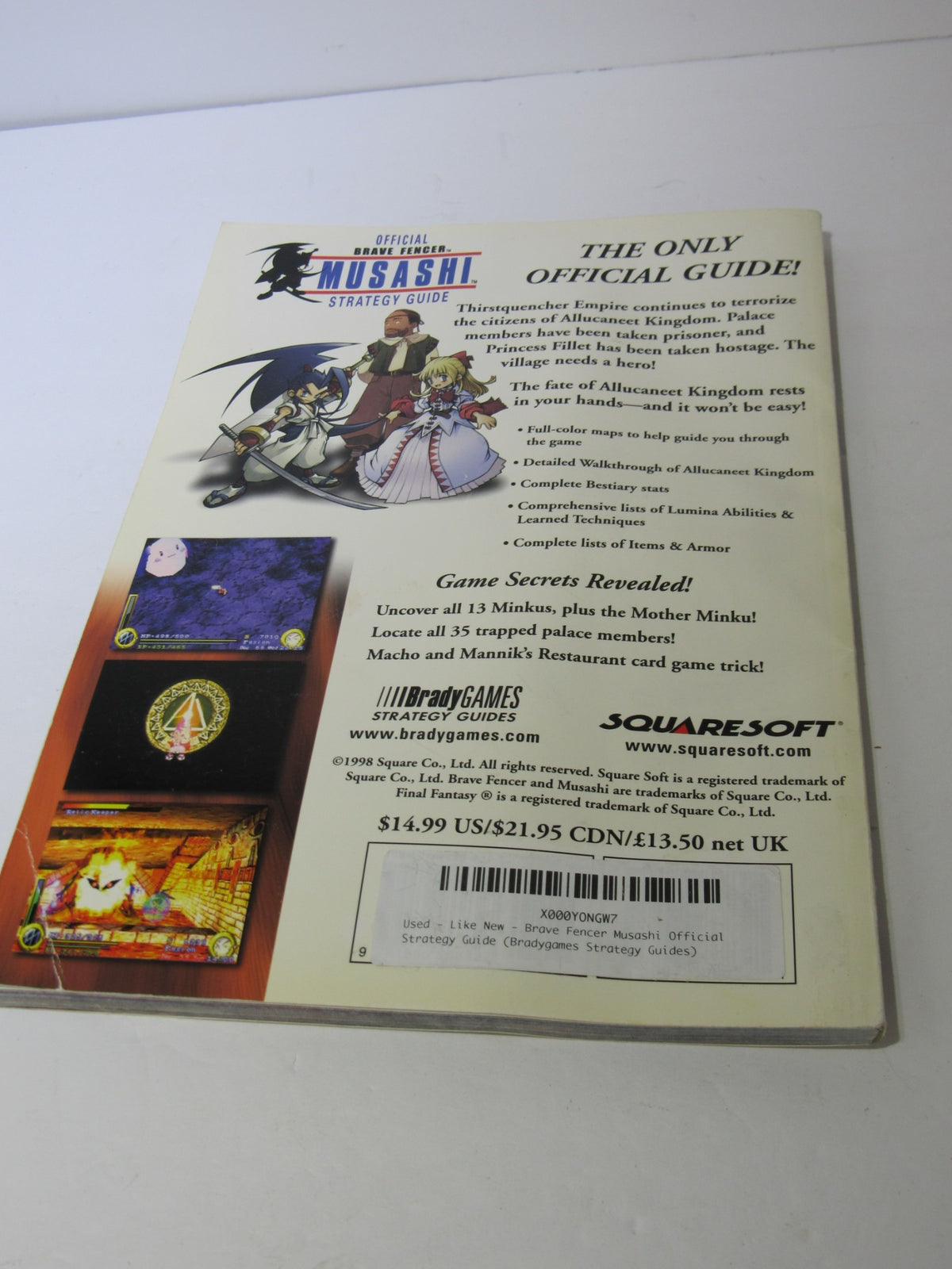 Back cover of the Brady Games Squaresoft Official Brave Fencer Musashi Strategy Game Guide displaying detailed information about the game's features and promotional artwork.