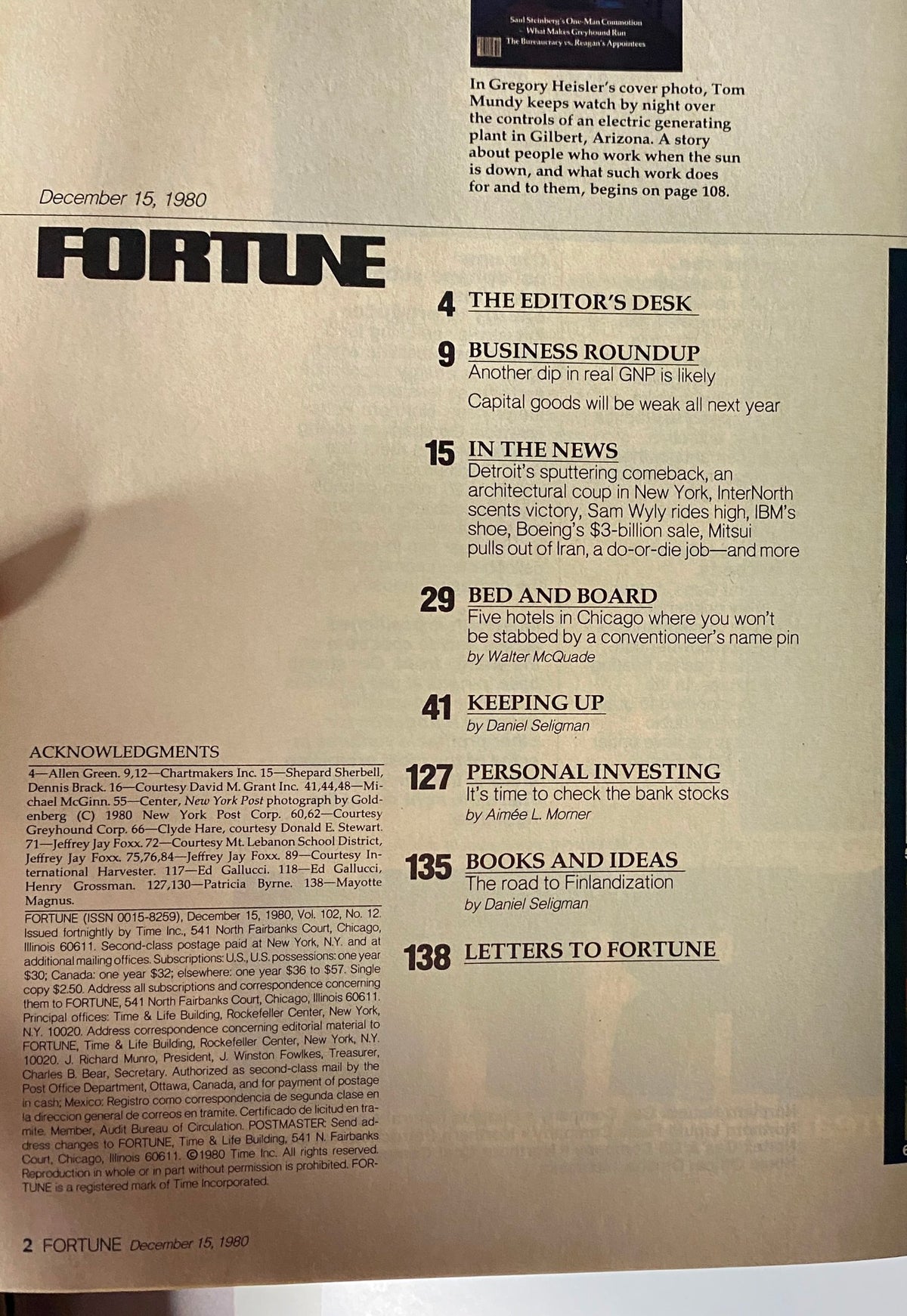 Table of contents from Fortune Magazine December 15, 1980 featuring articles like 'The Lonely World of Night Work' and economic analysis.