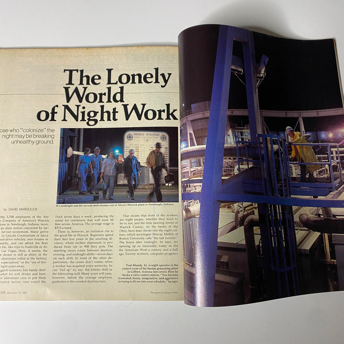 Feature article titled 'The Lonely World of Night Work' from Fortune Magazine December 15, 1980 showcasing workers at night in an industrial setting.
