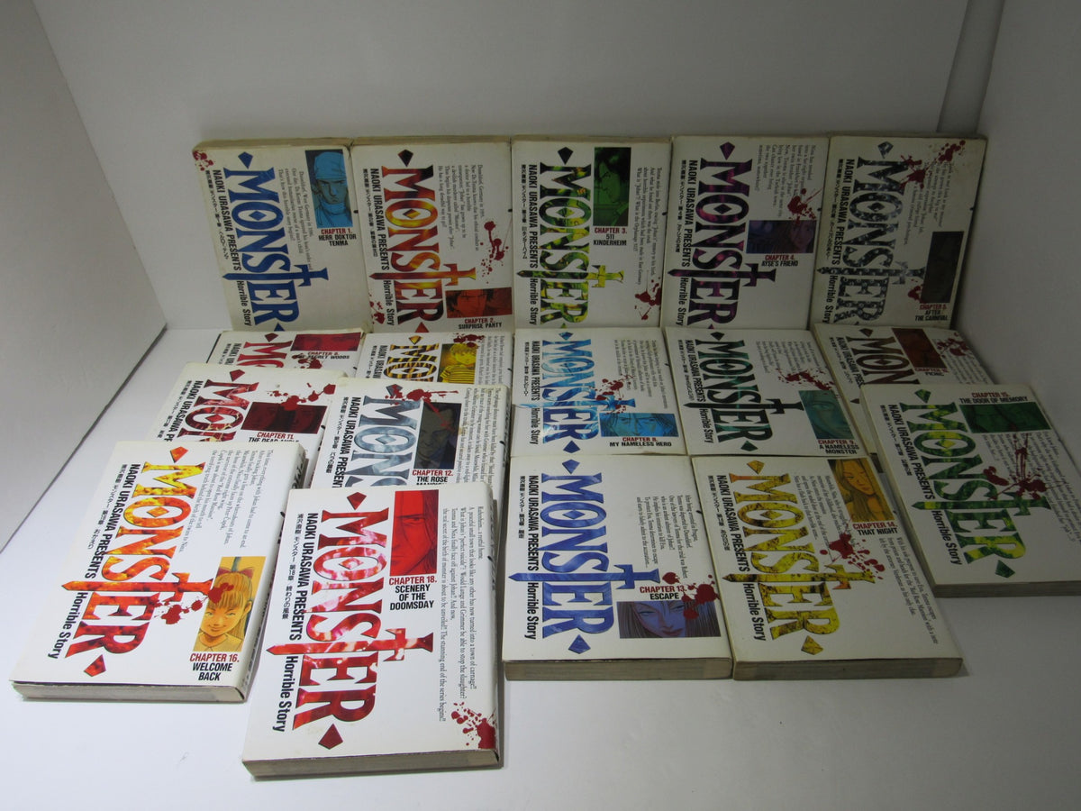 Naoki Urasawa Monster Series, including select volumes from the 18-volume Japanese Manga collection, emphasizing the distinct cover designs and titles for chapters featured in the series.