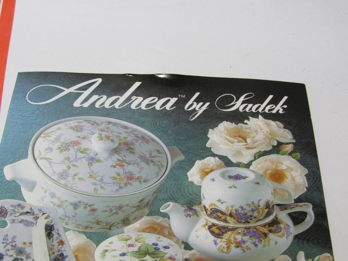 Promotional material for Andrea by Sadek, showcasing various porcelain items including floral patterns, related to the VTG Andrea by Sadek Porcelain Cake Plate and Server.