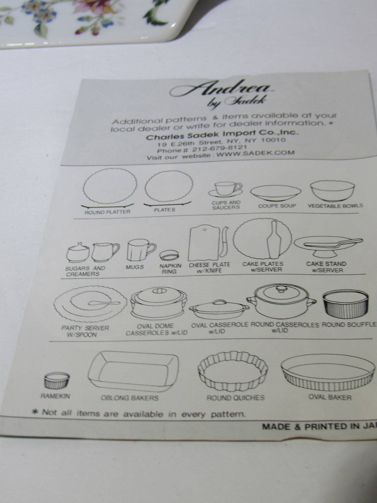 An informational sheet listing various porcelain items available from Andrea by Sadek, featuring the VTG Andrea by Sadek Porcelain Cake Plate & Server Floral Pattern Japan Made NEW.