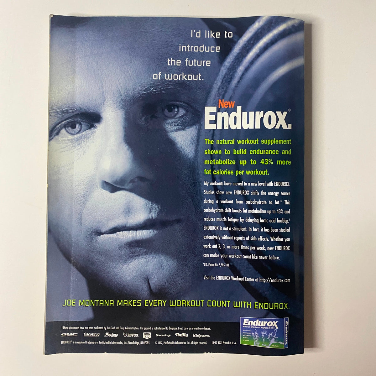 Advertisement for Endurox supplement featured in Muscle & Fitness Magazine July 1997, highlighting workout endurance and calorie metabolism.