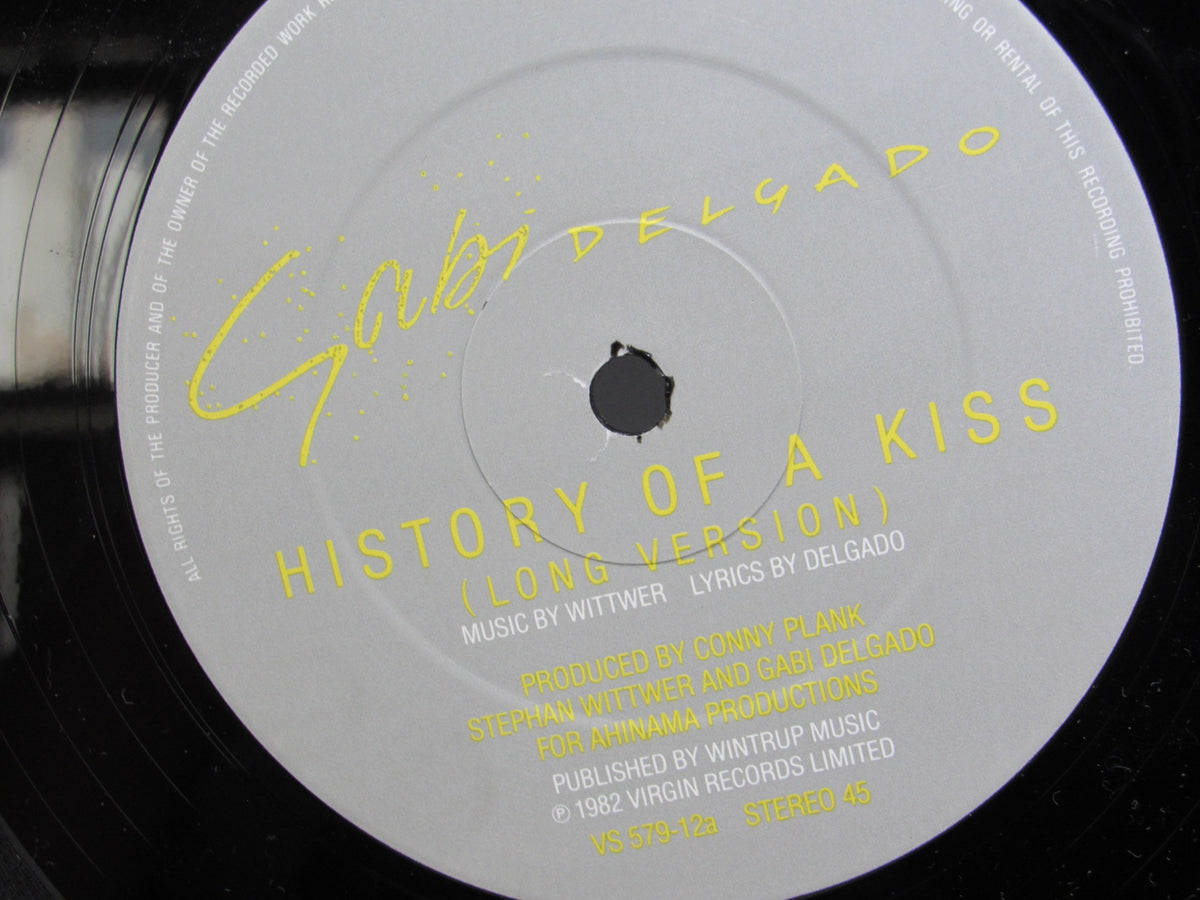Close-up of the label on Gabi Delgado: History Of A Kiss long version vinyl, displaying production details and track information.