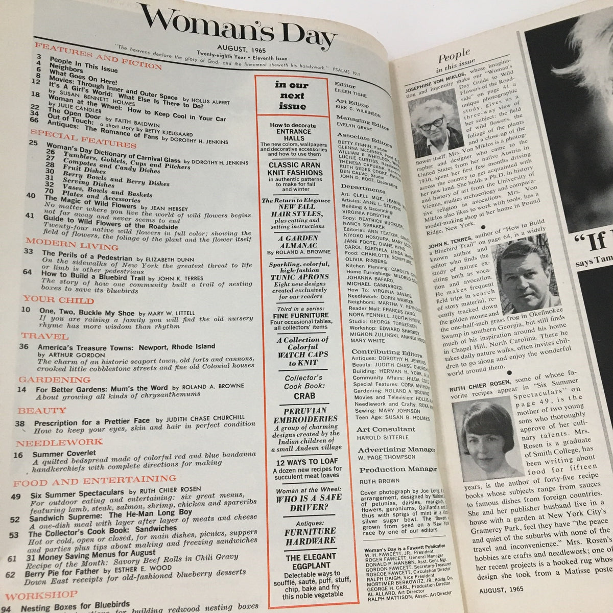 Interior page of Woman's Day Magazine August 1965 displaying the table of contents, highlighting various articles, and special features including the 'Guide to Wild Flowers of the Roadside'.