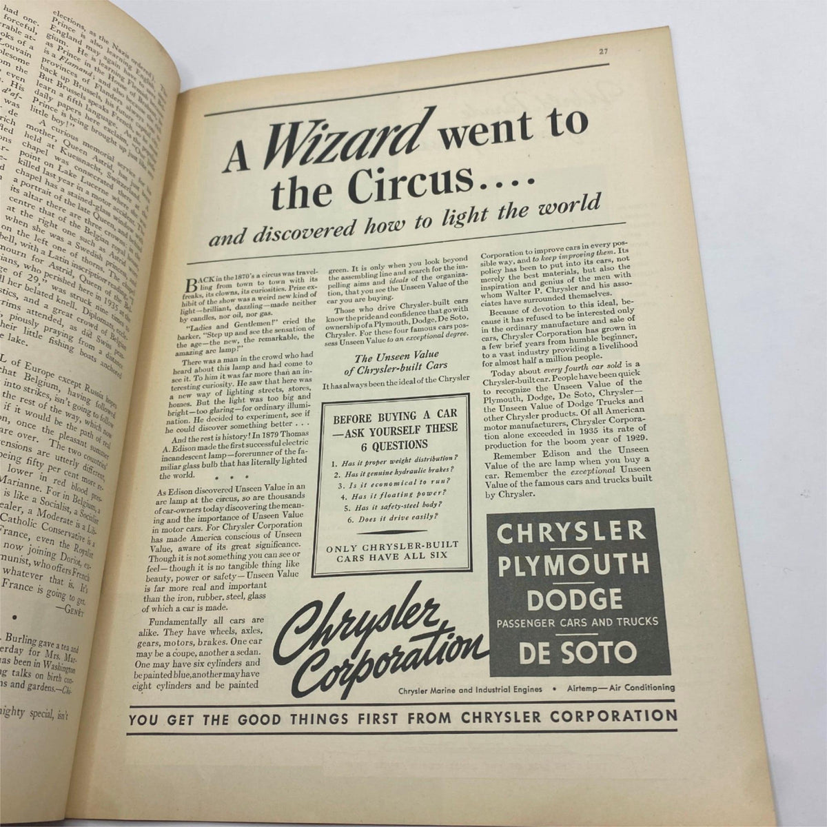 Advertisement page from The New Yorker Complete Magazine July 18, 1936, showcasing the Chrysler Corporation with an emphasis on the benefits of Chrysler-built cars.