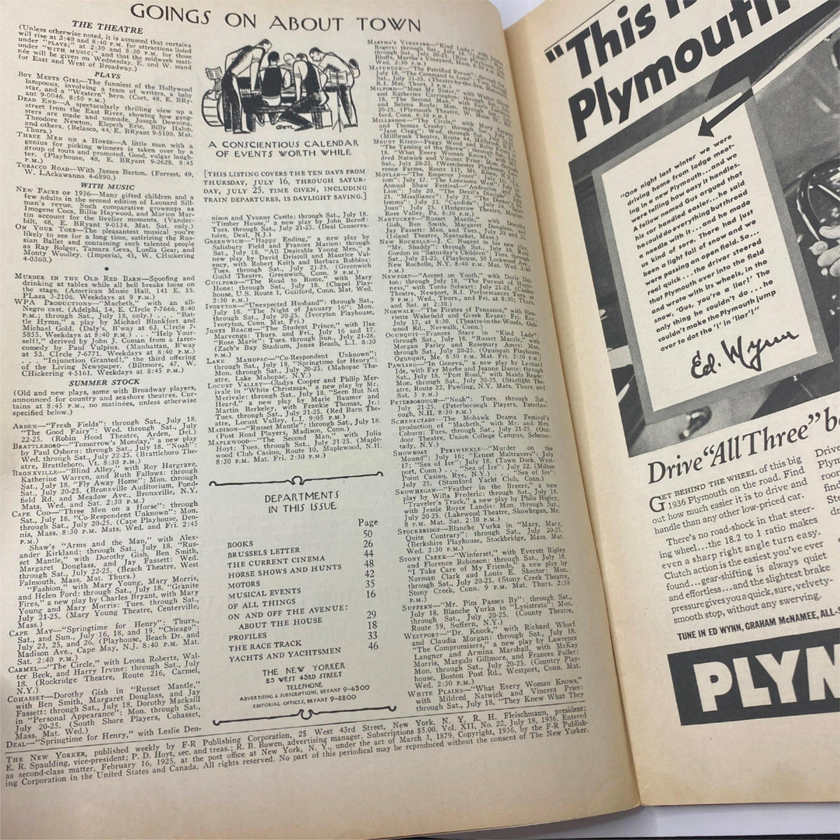 Interior pages of The New Yorker Complete Magazine July 18, 1936 featuring 'Goings on About Town' section, highlighting various cultural events and entertainment listings.
