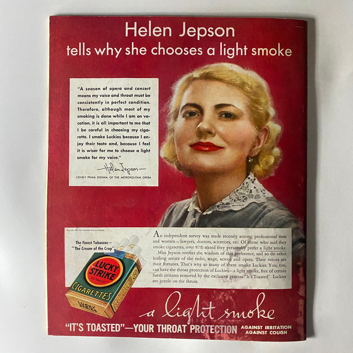 Helen Jepson featured in a vintage advertisement for Lucky Strike Cigarettes, promoting a light smoke choice for singers and performers, from Life Magazine April 23 1937 Pennsylvania Punch Bowl.