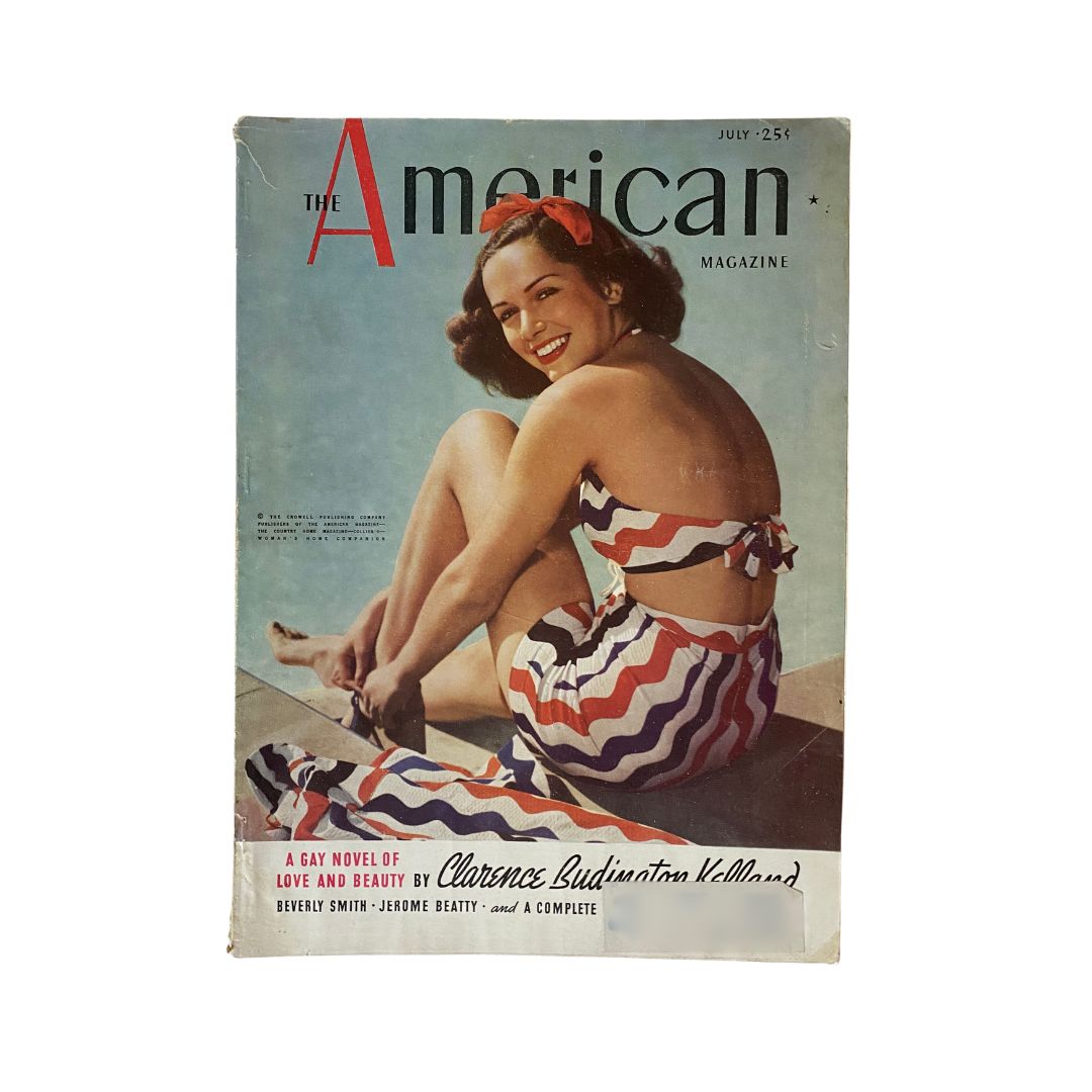 Cover of VTG The American Magazine July 1938 featuring Jinx Falkenberg in a stylish swimsuit, showcasing vintage fashion and design.