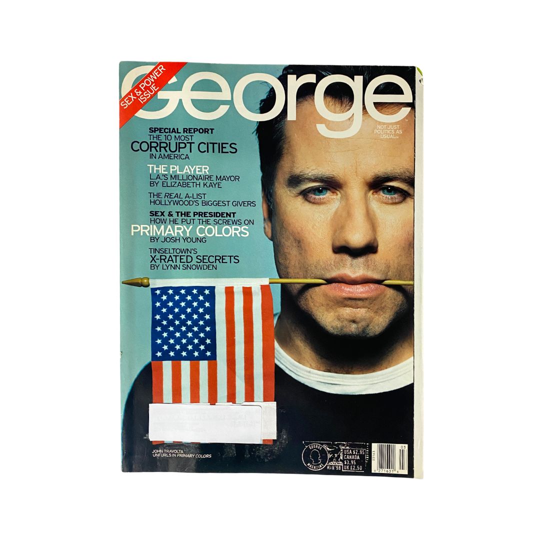George Magazine March 1998 cover featuring John Travolta, showcasing vivid primary colors and an American flag. A notable collectible reflecting cinema and political commentary.