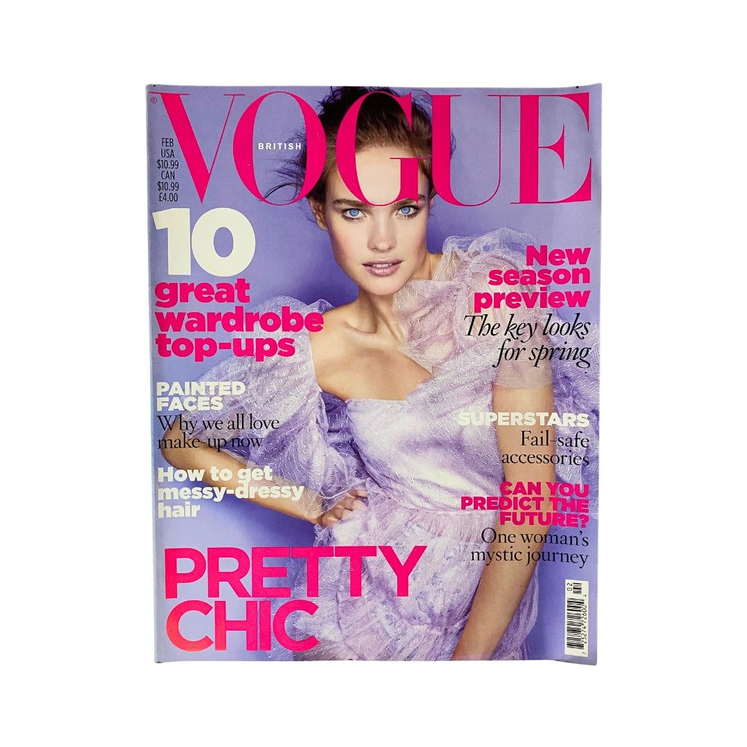 Cover of Vogue UK Magazine February 2010 featuring supermodel Natalia Vodianova, highlighting fashion trends with a bold title and vibrant colors.