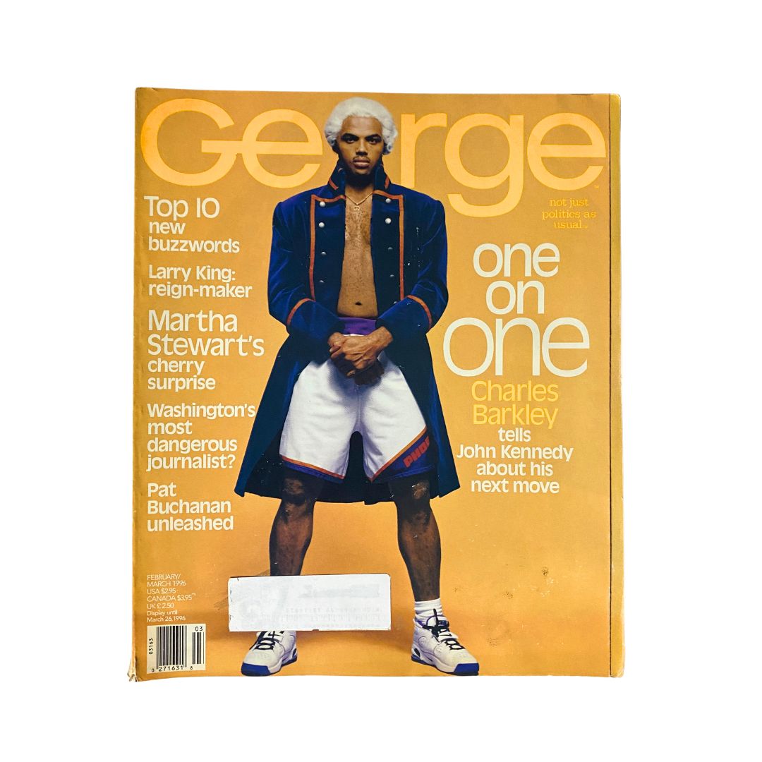 Cover of George Magazine February - March 1996 featuring NBA star Charles Barkley in a striking outfit, highlighting the magazine's theme of blending pop culture and influential figures.