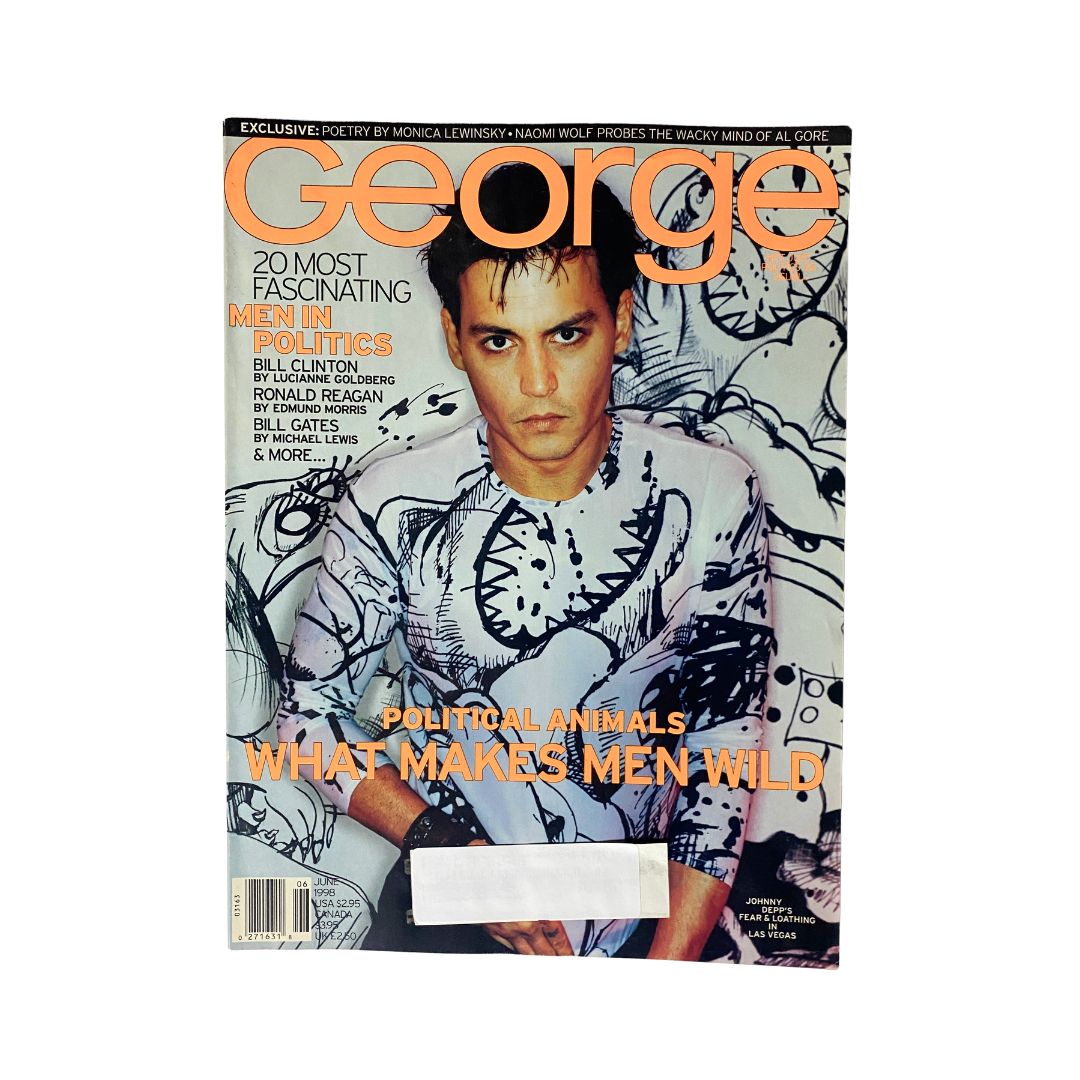 George Magazine June 1998 featuring Johnny Depp on the cover, showcasing his iconic look in a striking outfit with artistic designs, perfect for collectors.