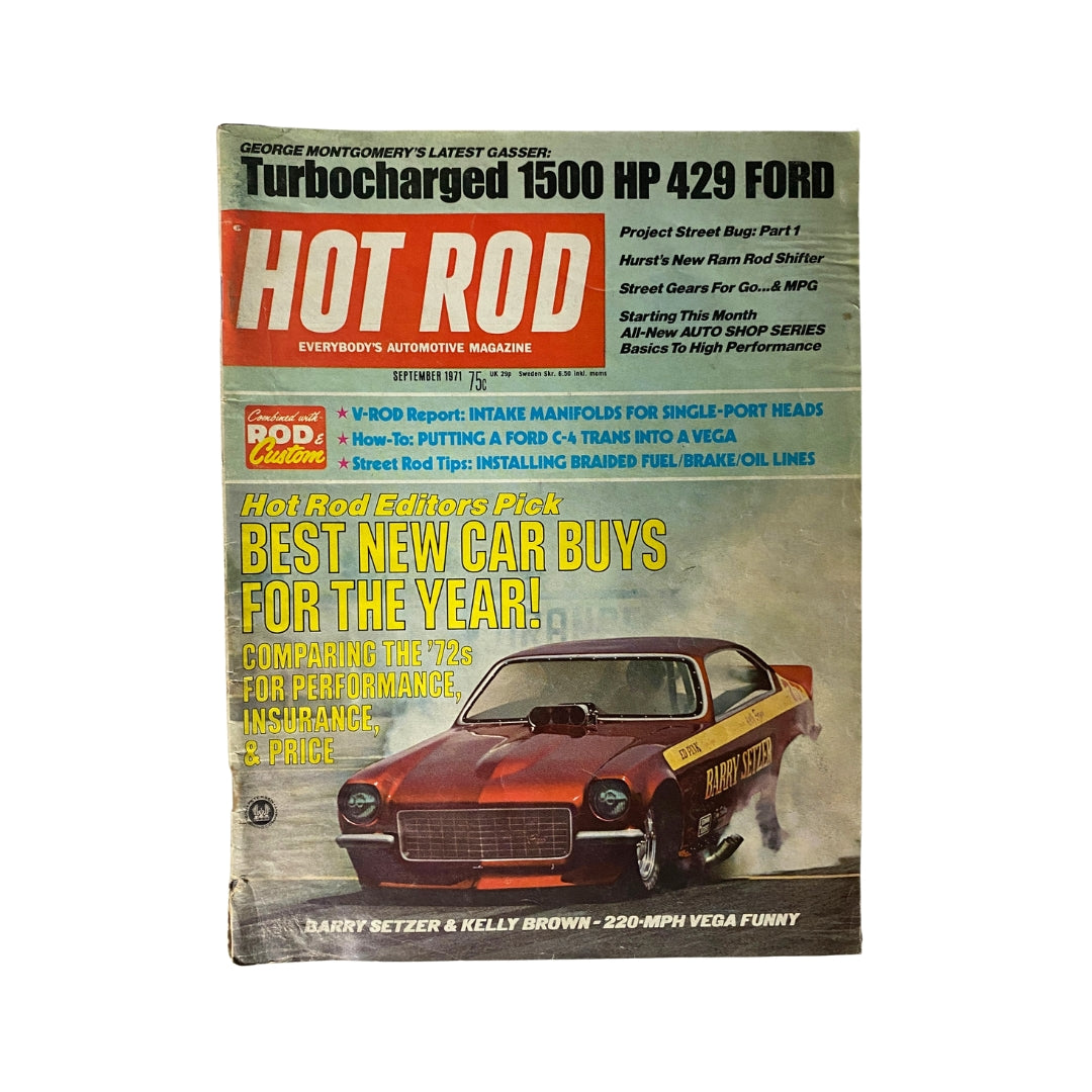 Cover of Hot Rod Magazine September 1971 featuring Barry Setzer and Kelly Brown's 220-Mph Vega, showcasing its vibrant design and relevant headlines about muscle cars and racing innovations.