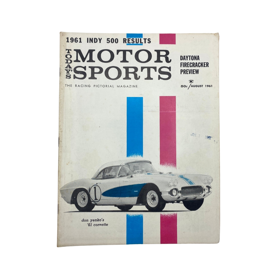 Cover of VTG Today's Motor Sports Magazine from August 1961 featuring Don Yenko's '61 Corvette, highlighting the 1961 Indy 500 results and Daytona Firecracker Preview.