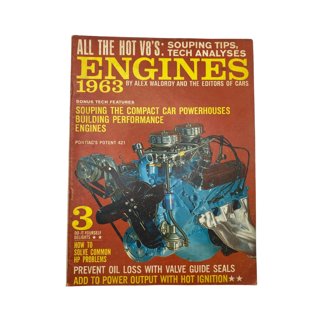 Cover of VTG Engines Magazine 1963 featuring souping tips and tech analyses for performance engines, showcasing a Pontiac engine.