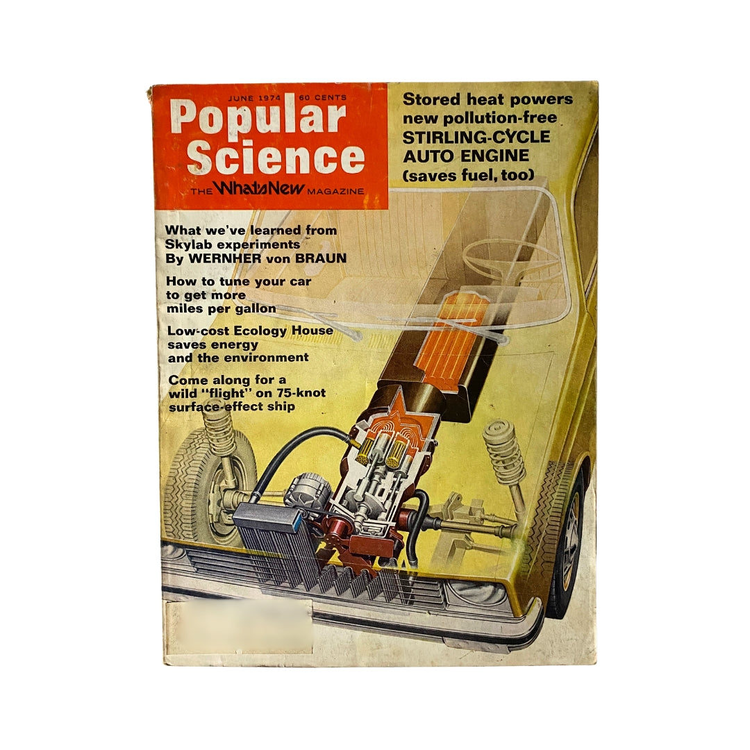 Cover of the Popular Science Magazine June 1974, featuring the innovative Pollution-Free Stirling-Cycle Auto Engine, showcasing images and articles on energy efficiency and environmental technology.