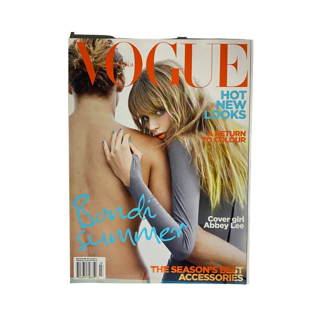 Vogue Australia Magazine March 2010 featuring Abbey Lee on the cover, showcasing a fashion-themed issue with a focus on bold styles and accessories.