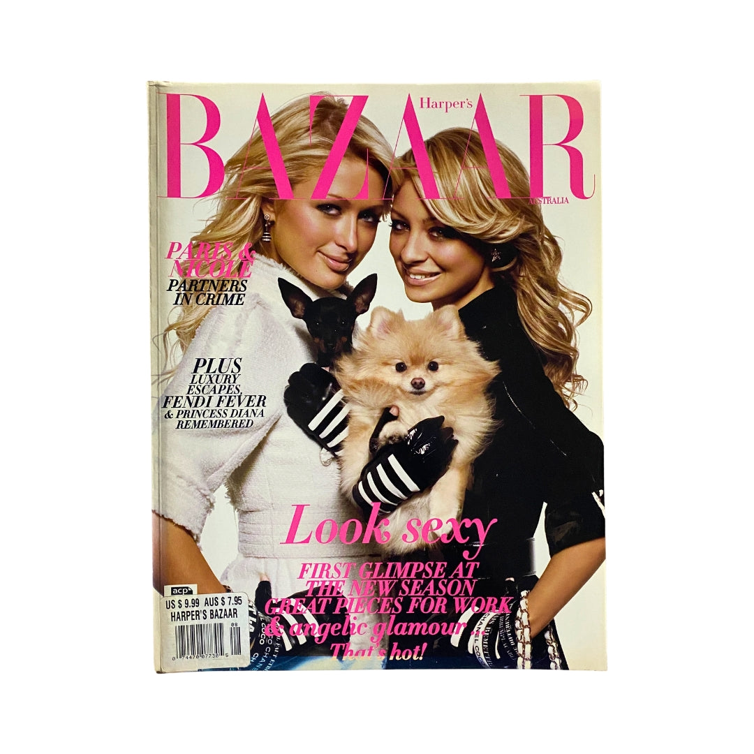 Cover of Harper's Bazaar Australia Magazine August 2007 featuring Paris Hilton and Nicole Richie with a stylish focus on fashion and accessories.