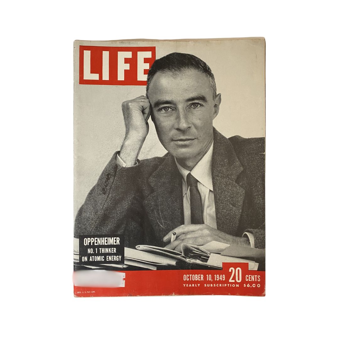 VTG Life Magazine October 10, 1949 cover featuring J.R. Oppenheimer, renowned atomic nuclear pioneer, with a portrait of Oppenheimer in a suit, holding a pencil and paper, highlighting his contributions to atomic energy.