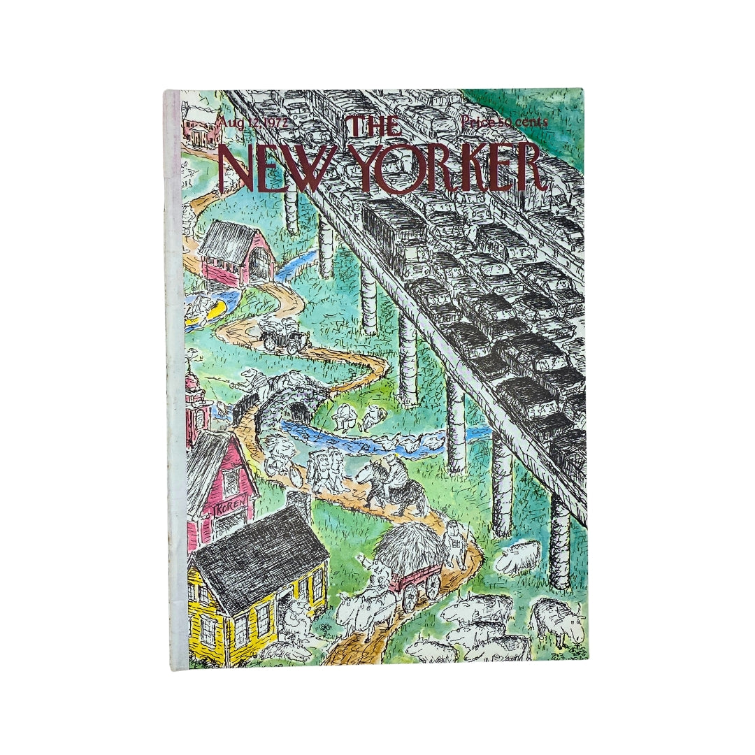 The New Yorker Complete Magazine August 12, 1972 cover featuring an illustration by Edward Koren, depicting a whimsical rural scene with farms and livestock under a bridge.