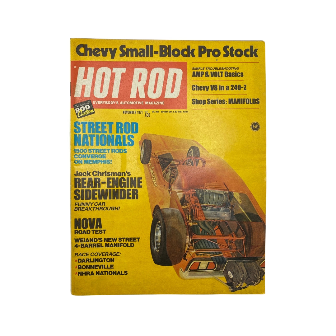VTG Hot Rod Magazine November 1971 featuring Jack Chrisman's Rear-Engine Sidewinder on the cover, showcasing vintage automotive culture.