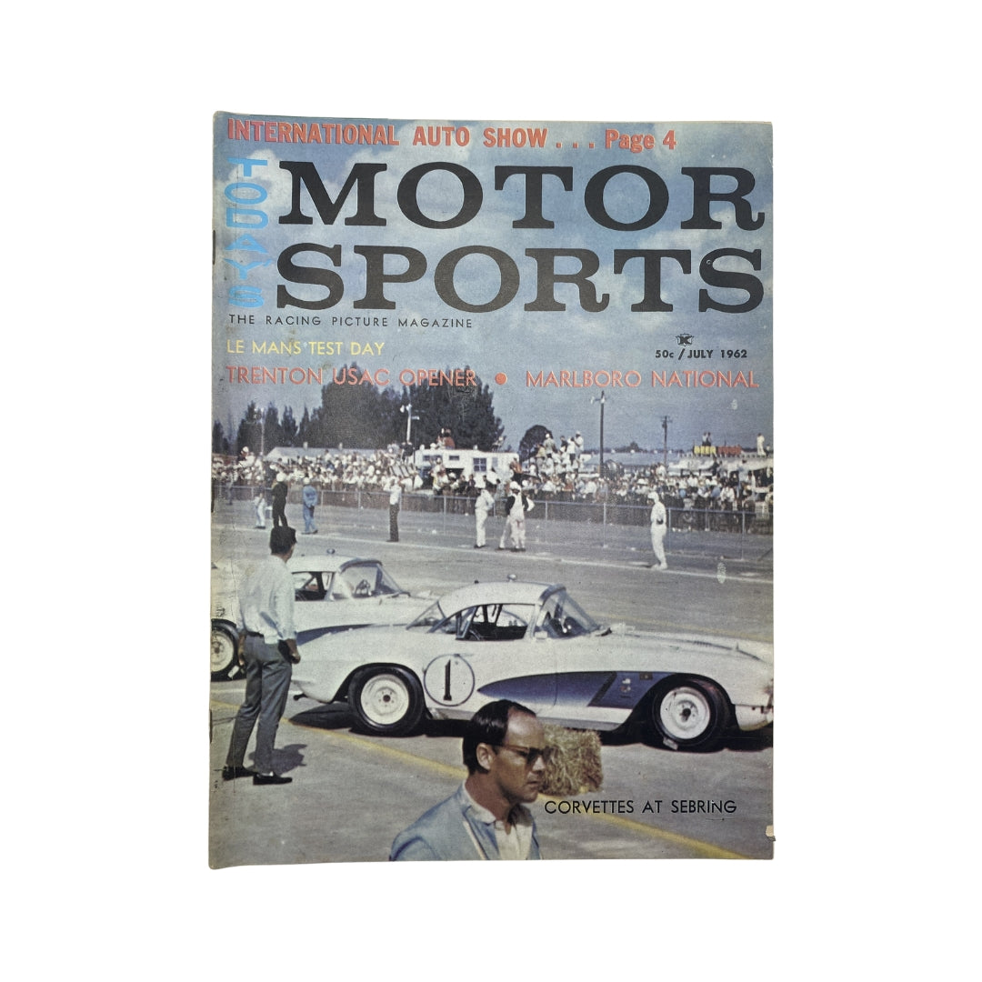 Cover of VTG Today's Motor Sports Magazine July 1962, featuring Corvettes at Sebring, showcasing a racing scene with Corvettes and audiences at a motorsport event.