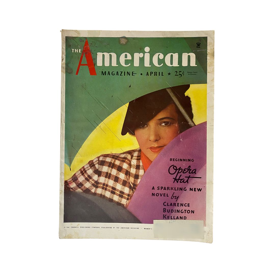 Cover of VTG The American Magazine April 1935 featuring an elegant woman wearing an opera hat, showcasing vintage artistry and fashion from the 1930s.