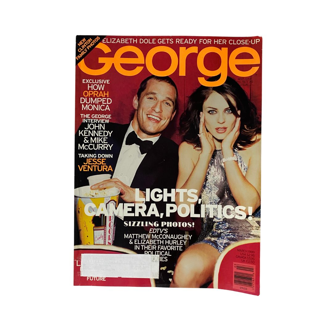 George Magazine March 1999 cover featuring Matthew McConaughey and Elizabeth Hurley, highlighting their allure in Hollywood and discussing political themes.
