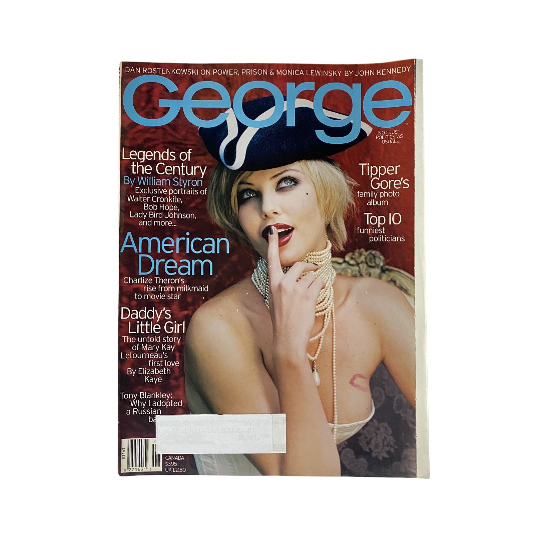 George Magazine August 1998 featuring Charlize Theron on the cover, highlighting her rise to fame and the concept of the American Dream.