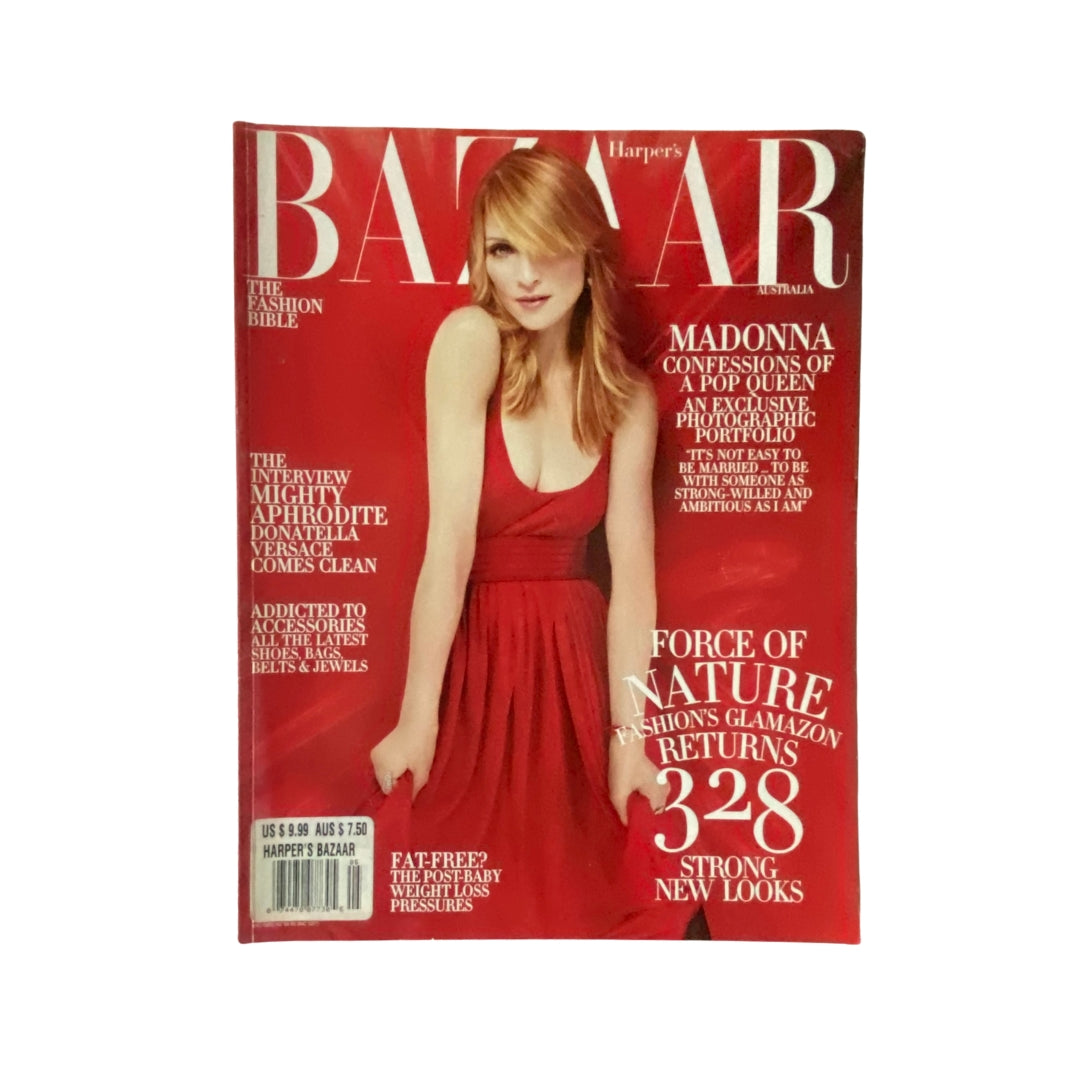 Harper's Bazaar Australia magazine cover featuring Madonna from May 2006, showcasing her in a stunning red dress, emphasizing fashion trends and pop culture.