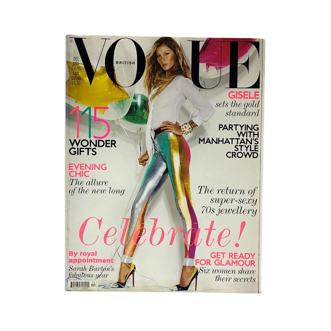 Vogue UK Magazine December 2011 Gisele Bündchen Cover No Label VG featuring Gisele in vibrant outfit with colorful balloons, celebrating holiday fashion and style.